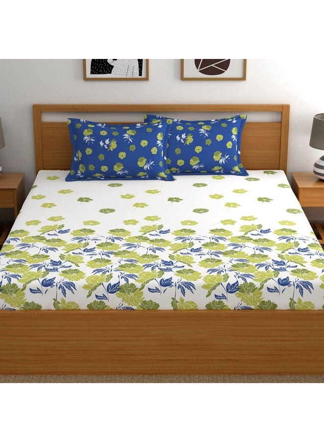 Dreamscape 100% Cotton King Fitted Bedsheet with 2 Pillow Covers, 140 tc Cotton Floral Blue Bedsheet for King Fitted Bed (6ft X 6.5ft) - Image 2
