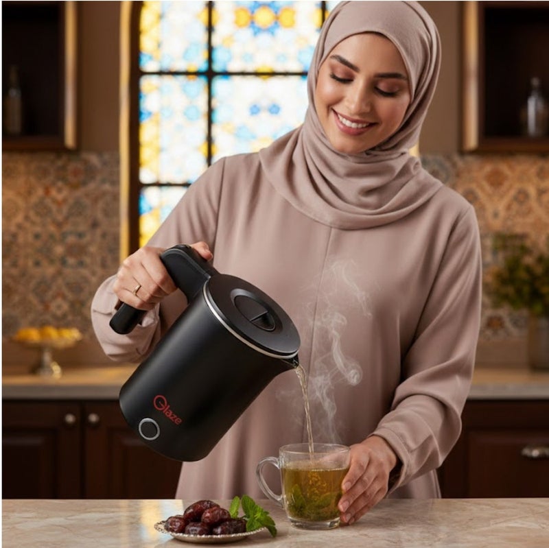 جليز غلاية كهربائية سعة 1 لتر بقدرة 1000 واط – غلي سريع للماء مع خاصية الإيقاف التلقائي وحماية من التشغيل بدون ماء، غلاية شاي وقهوة محمولة بدون سلك، مقبض بارد الملمس – لون أسود - Image 2