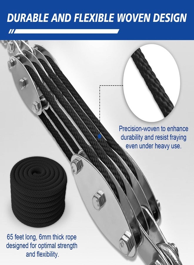 SALIFTFE Block and Tackle Pulley System, Upgraded 4-Wheel Rope Pulley Hoist, 8:1 Lifting Power, 2200LB Work Load with 65Ft of 1/4" Rope, Ultra-Compact Rope Hoist for Garage, Hunting, and Heavy Lifting - Image 5