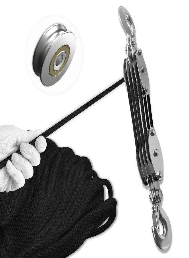 SALIFTFE Block and Tackle Pulley System, Upgraded 4-Wheel Rope Pulley Hoist, 8:1 Lifting Power, 2200LB Work Load with 65Ft of 1/4" Rope, Ultra-Compact Rope Hoist for Garage, Hunting, and Heavy Lifting - Image 1