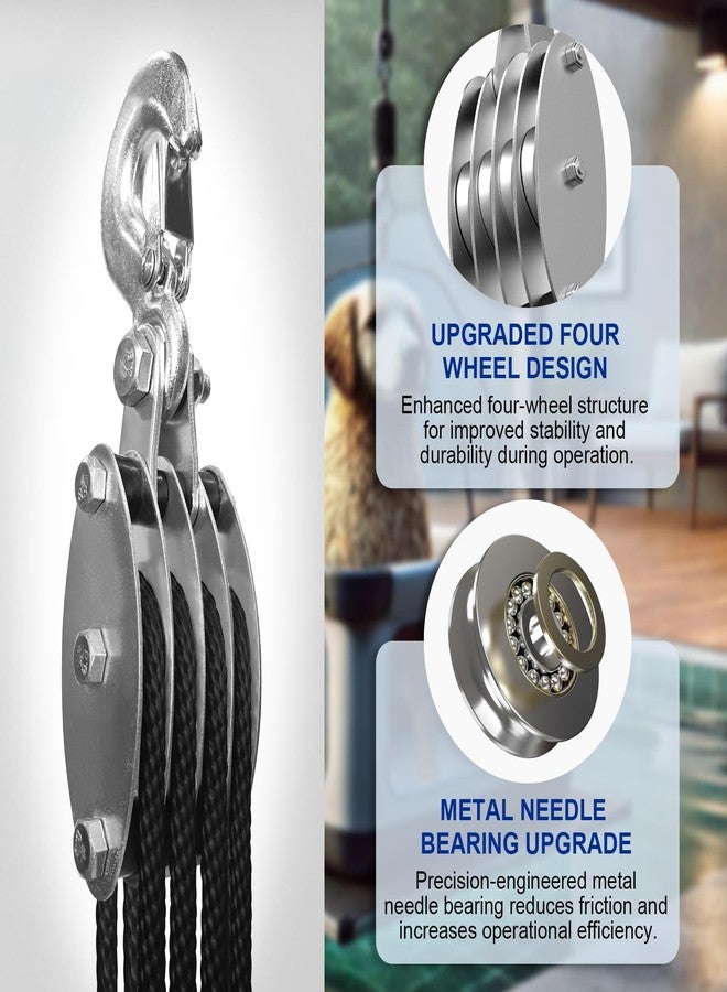 SALIFTFE Block and Tackle Pulley System, Upgraded 4-Wheel Rope Pulley Hoist, 8:1 Lifting Power, 2200LB Work Load with 65Ft of 1/4" Rope, Ultra-Compact Rope Hoist for Garage, Hunting, and Heavy Lifting - Image 3