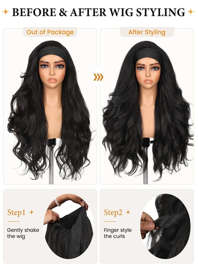 Lady Miranda Yaki Wavy Headband Wigs for Black Women Layered Filp Curls 26 Inches Sythenic Curly Headband Wig Wear and Go Glueless Wig Long Wavy Half Wig (Natural Black) - Image 4