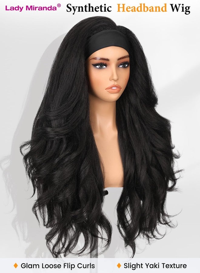 Lady Miranda Yaki Wavy Headband Wigs for Black Women Layered Filp Curls 26 Inches Sythenic Curly Headband Wig Wear and Go Glueless Wig Long Wavy Half Wig (Natural Black) - Image 2