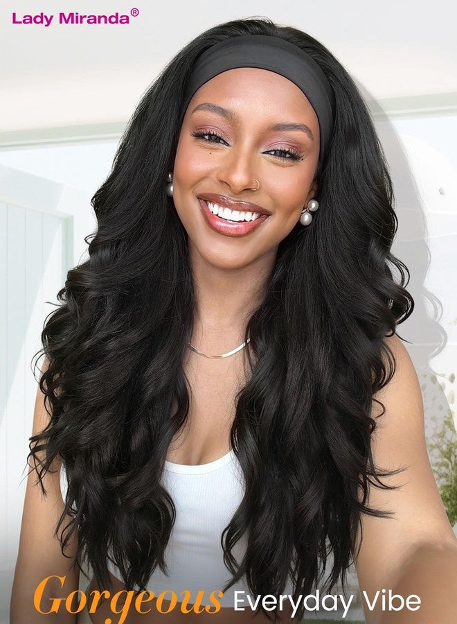 Lady Miranda Yaki Wavy Headband Wigs for Black Women Layered Filp Curls 26 Inches Sythenic Curly Headband Wig Wear and Go Glueless Wig Long Wavy Half Wig (Natural Black) - Image 3