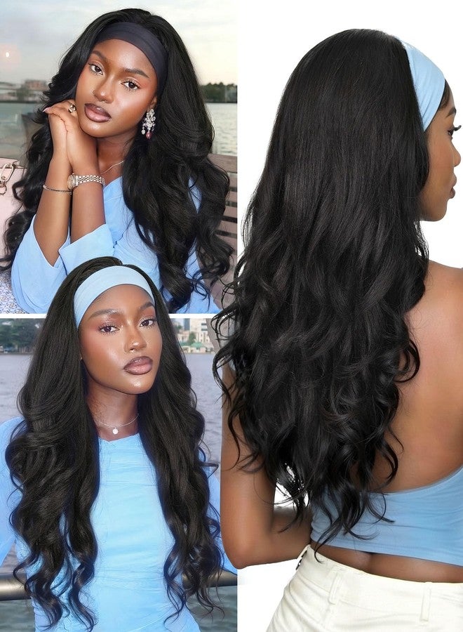 Lady Miranda Yaki Wavy Headband Wigs for Black Women Layered Filp Curls 26 Inches Sythenic Curly Headband Wig Wear and Go Glueless Wig Long Wavy Half Wig (Natural Black) - Image 1