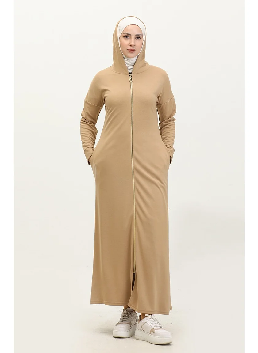 Sefa Merve Zippered Abaya 2140-08 Dark Beige