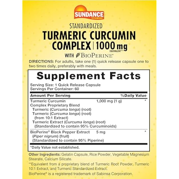 Sundance Turmeric Curcumin Complex | 60 Capsules | with BioPerine | Non-GMO and Gluten Free Supplement - Image 2