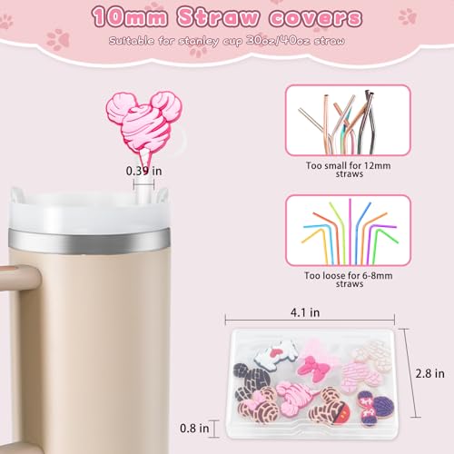 yomanta 9PCS Straw Covers for Stanley Cup Tumbler 30 oz / 40 oz Leak Proof Straw Toppers 10mm Silicone Cute Caps for Stanley Cup Accessories-Pink Mice-9pcs - Image 3