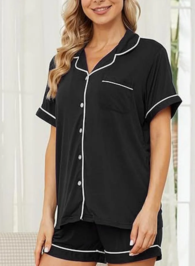Take Two Black Black Solid Piping Detail Shirt and Shorts Set for Women | Best Price UAE