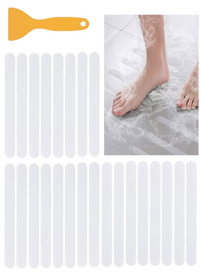 HAWAWA Anti Slip Shower Stickers, 24 PCS Safety Bathtub Strips Adhesive Decals, Bathtub Non Slip Stickers and Scraper for Bath Tub, Shower Floor, Stairs, Ladders Clear - Image 1
