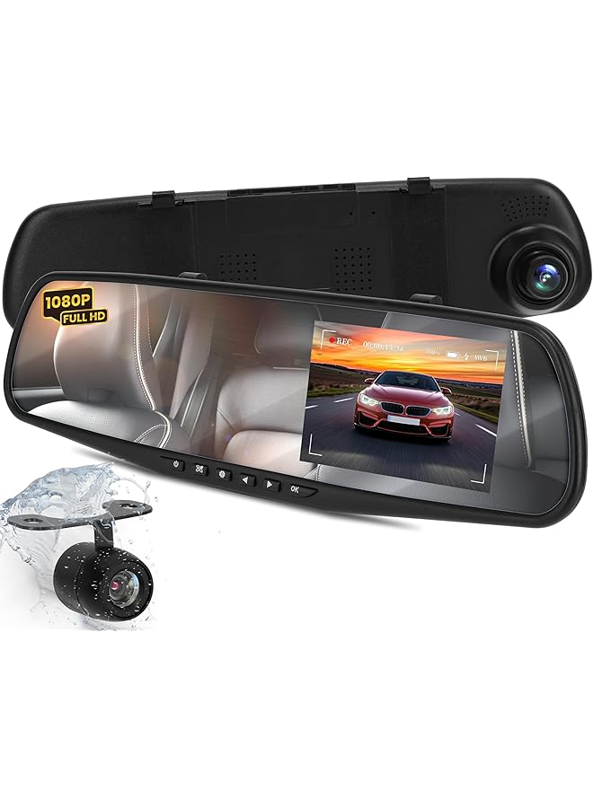 Pyle Dash Cam Rearview Mirror 4.3” Dvr Monitor Rear View Dual Camera Video Recording System Built In G Sensor Motion Detect Parking Control Loop Record Support Plcmdvr49, Black, 4.3 Inches - Image 1