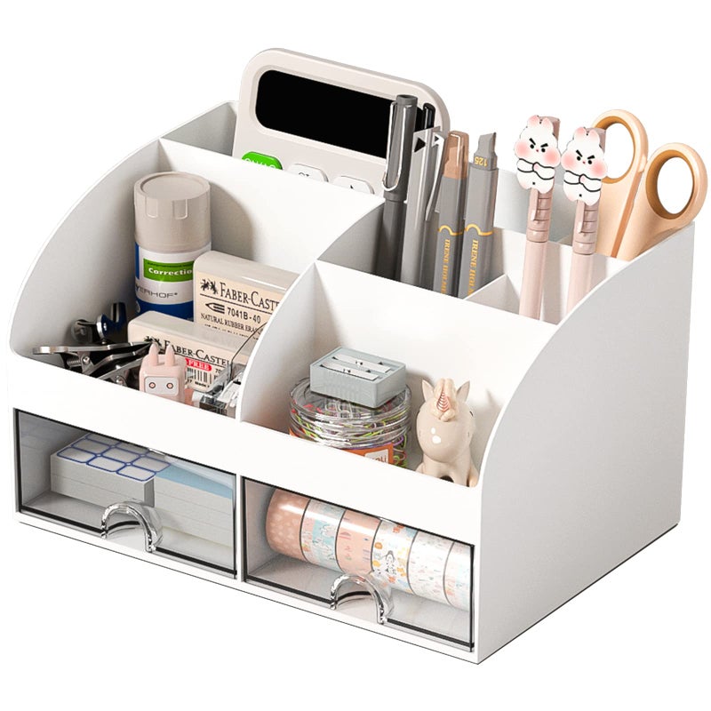 COMFYROOM Desk Organizer with 6 Compartments and 2 Drawers, Plastic Makeup Organizer, Pen Holder for Desktop Storage, Desk Organization for School, Home, Office Supplies (White) - Image 1