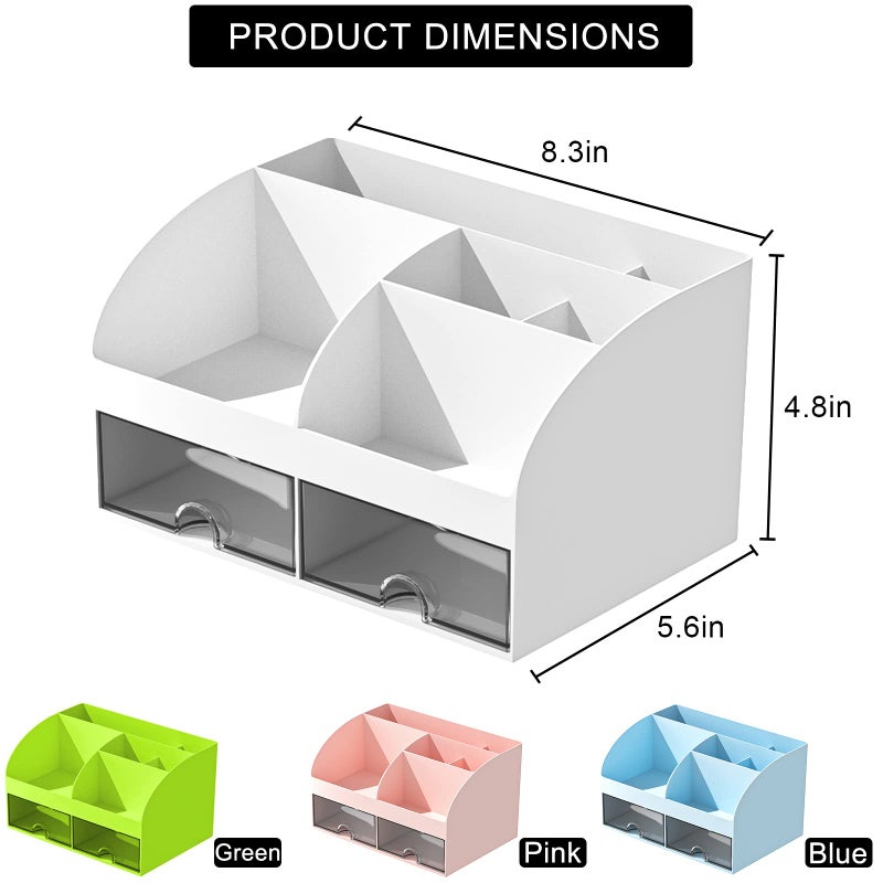 COMFYROOM Desk Organizer with 6 Compartments and 2 Drawers, Plastic Makeup Organizer, Pen Holder for Desktop Storage, Desk Organization for School, Home, Office Supplies (White) - Image 2