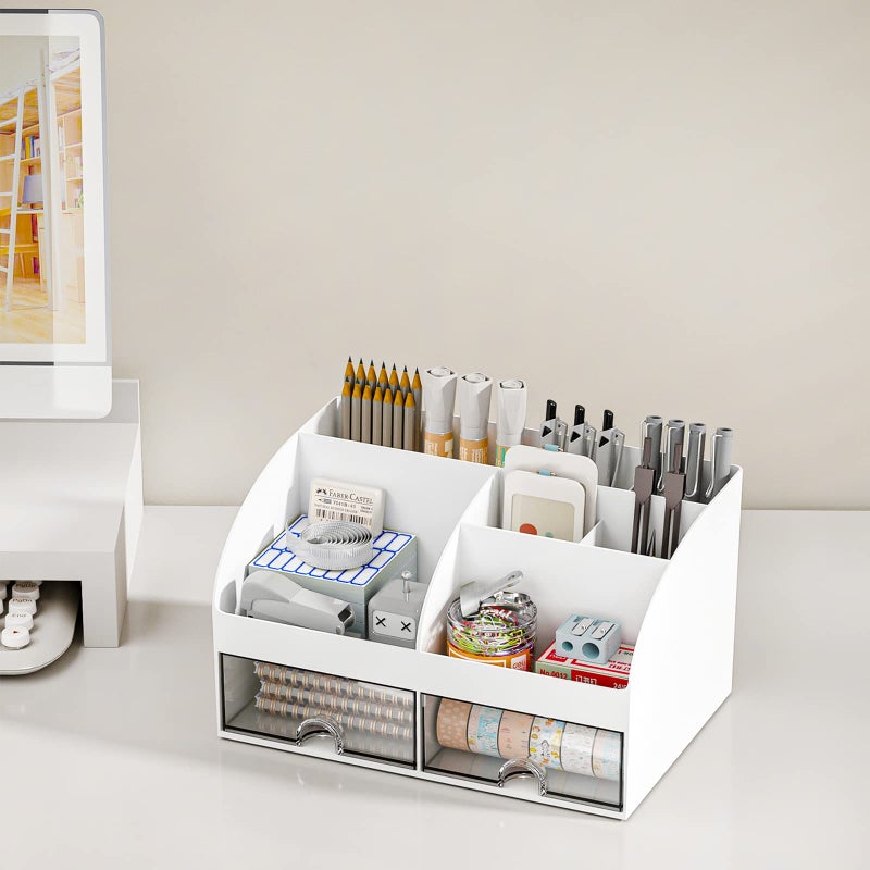 COMFYROOM Desk Organizer with 6 Compartments and 2 Drawers, Plastic Makeup Organizer, Pen Holder for Desktop Storage, Desk Organization for School, Home, Office Supplies (White) - Image 4