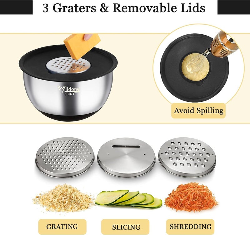 Wildone Mixing Bowls with Airtight Lids, 22 PCS Stainless Steel Nesting Bowls, with 3 Grater Attachments, Scale Marks & Non-Slip Bottom, Size 5, 4, 3, 2,1.5, 0.63QT, Ideal for Mixing & Prepping - Image 3