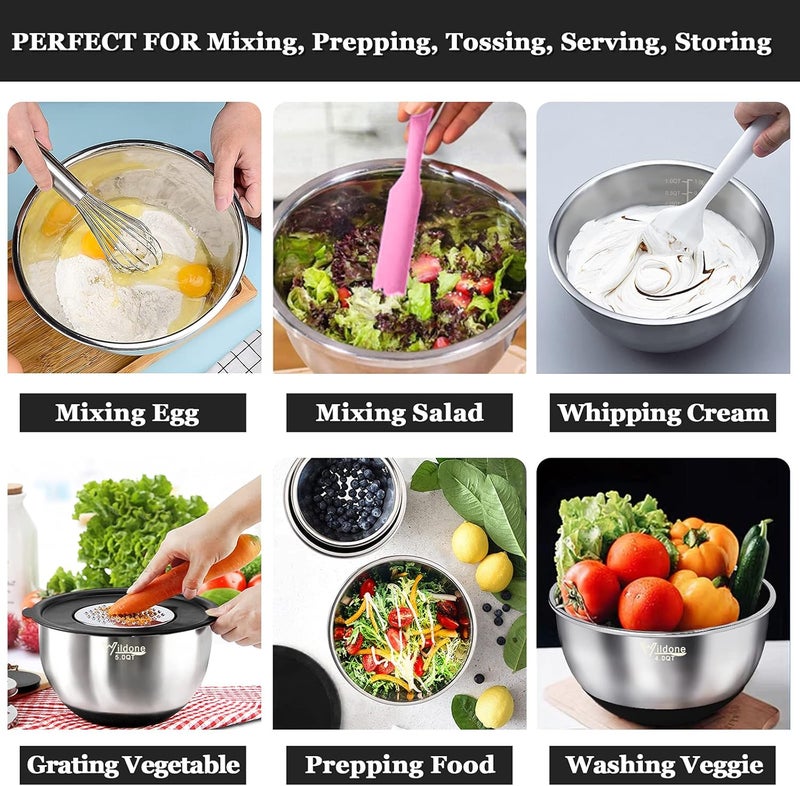 Wildone Mixing Bowls with Airtight Lids, 22 PCS Stainless Steel Nesting Bowls, with 3 Grater Attachments, Scale Marks & Non-Slip Bottom, Size 5, 4, 3, 2,1.5, 0.63QT, Ideal for Mixing & Prepping - Image 4