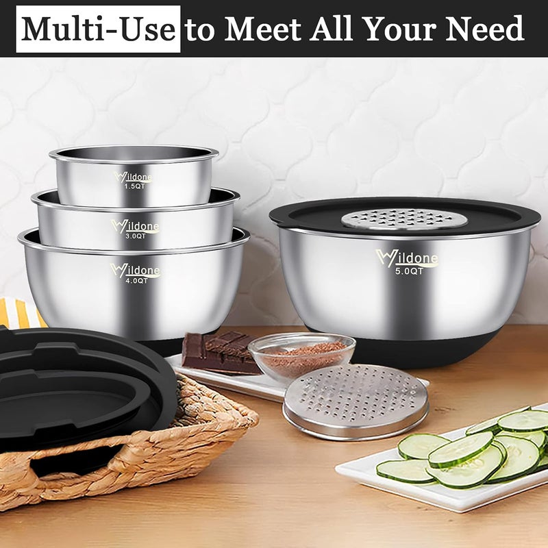 Wildone Mixing Bowls with Airtight Lids, 22 PCS Stainless Steel Nesting Bowls, with 3 Grater Attachments, Scale Marks & Non-Slip Bottom, Size 5, 4, 3, 2,1.5, 0.63QT, Ideal for Mixing & Prepping - Image 5