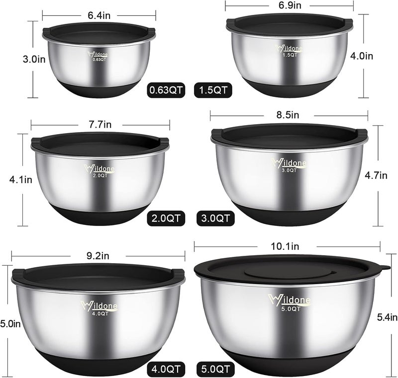 Wildone Mixing Bowls with Airtight Lids, 22 PCS Stainless Steel Nesting Bowls, with 3 Grater Attachments, Scale Marks & Non-Slip Bottom, Size 5, 4, 3, 2,1.5, 0.63QT, Ideal for Mixing & Prepping - Image 2