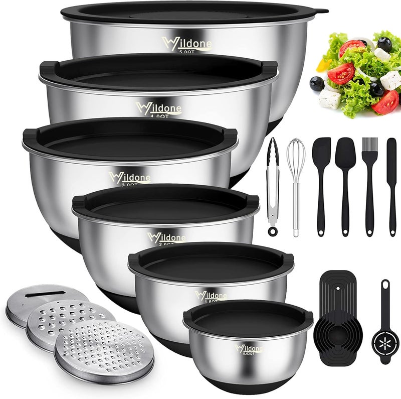 Wildone Mixing Bowls with Airtight Lids, 22 PCS Stainless Steel Nesting Bowls, with 3 Grater Attachments, Scale Marks & Non-Slip Bottom, Size 5, 4, 3, 2,1.5, 0.63QT, Ideal for Mixing & Prepping - Image 1