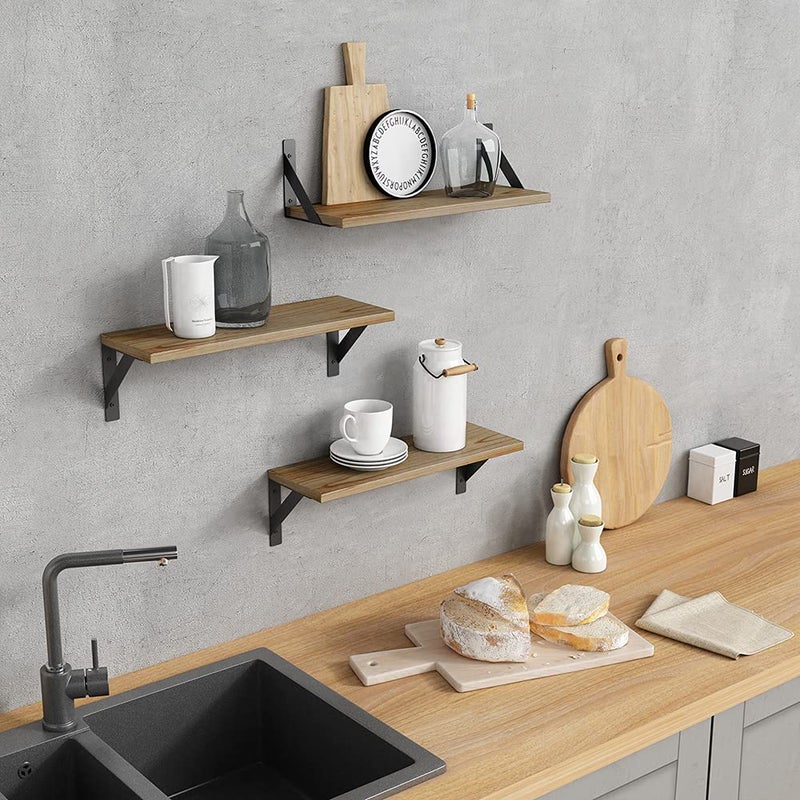 Forbena Floating Shelves with Black Metal Brackets Set of 3, Light Wood Wall Bookshelf for Bedroom Over Desk Bed, Hanging Shelf for Office Kitchen Living Room, Bathroom Over Toilet (Natural Color) - Image 2