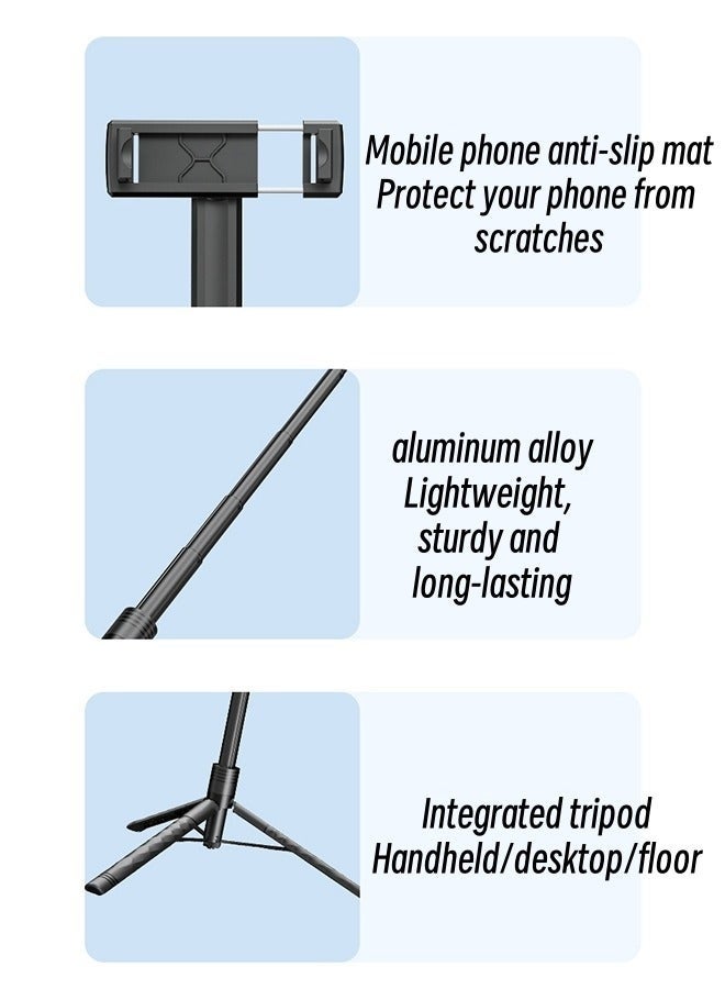كيلا مثبت هات ، حامل ثلاثي القوائم للهاتف بدوران لانهائي بزاوية 360 درجة ، حامل ثلاثي القوائم محمول متعدد الوظائف بطول 170 سم مع حامل هاتف لاسلكي للتحكم عن بعد ومصباح LED للجمال ، مناسب لجميع الهواتف المحمولة - Image 3