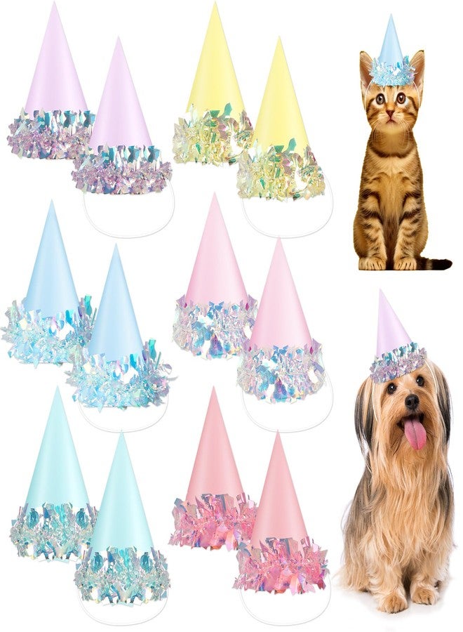 Oitnlaughter 24 Pcs Iridescent Foil Pastel Mini Party Hats for Dog Cat Birthday Party Supplies Pastel Rainbow Small Puppy Birthday Hats Colorful Paper Cone Caps for Dolls Animals Pets Grooming Costume Accessories - Image 1