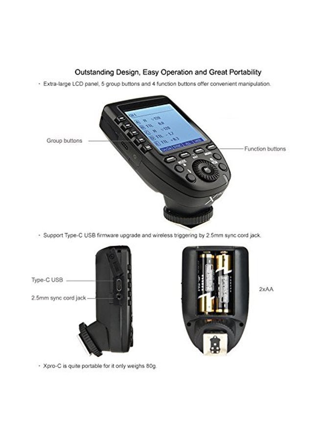 Godox XPro-C E-TTL Wireless Flash Trigger Transmitter for Canon EOS HSS 1/8000s TTL-Convert-Manual Function Large LCD Screen Slanted Design 11 Customizable Functions 5 Dedicated Group Buttons - Image 5