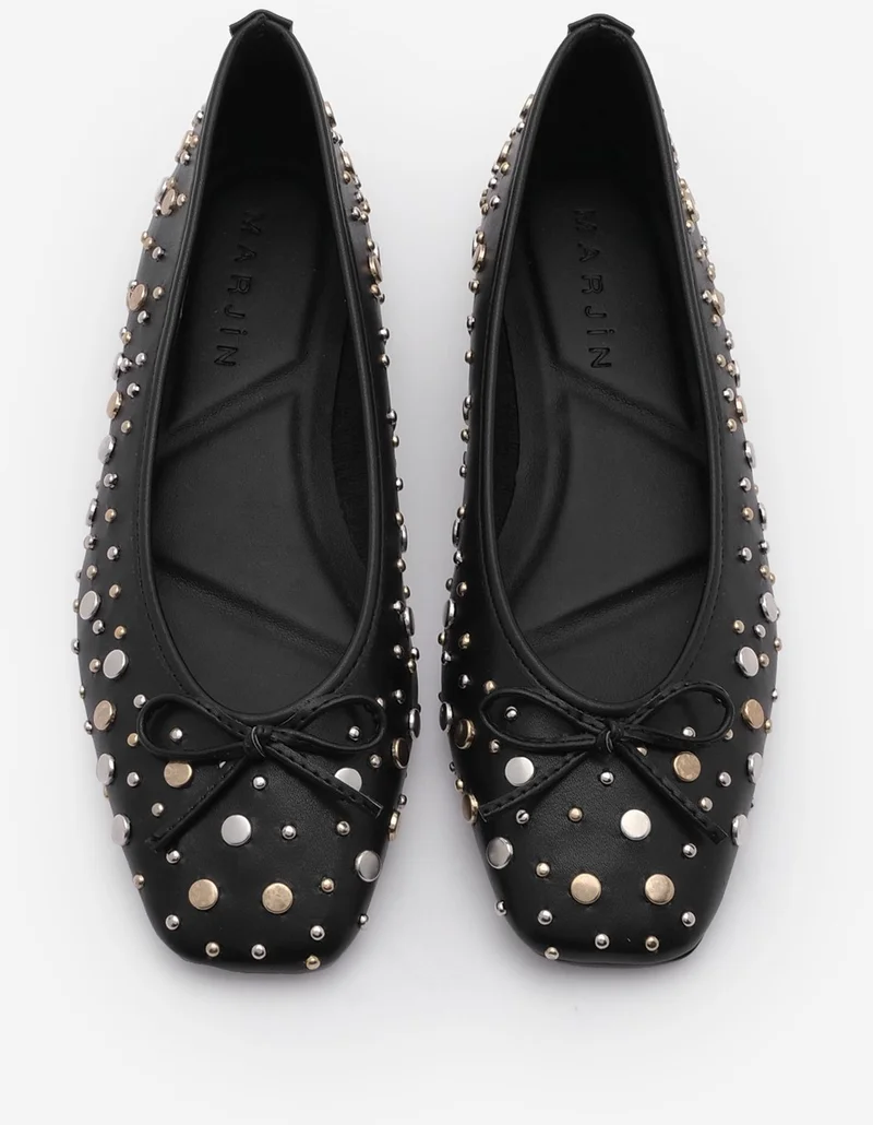 MARJIN Women's Blunt Toe Studded Bow Detail Daily Ballerinas Vandera