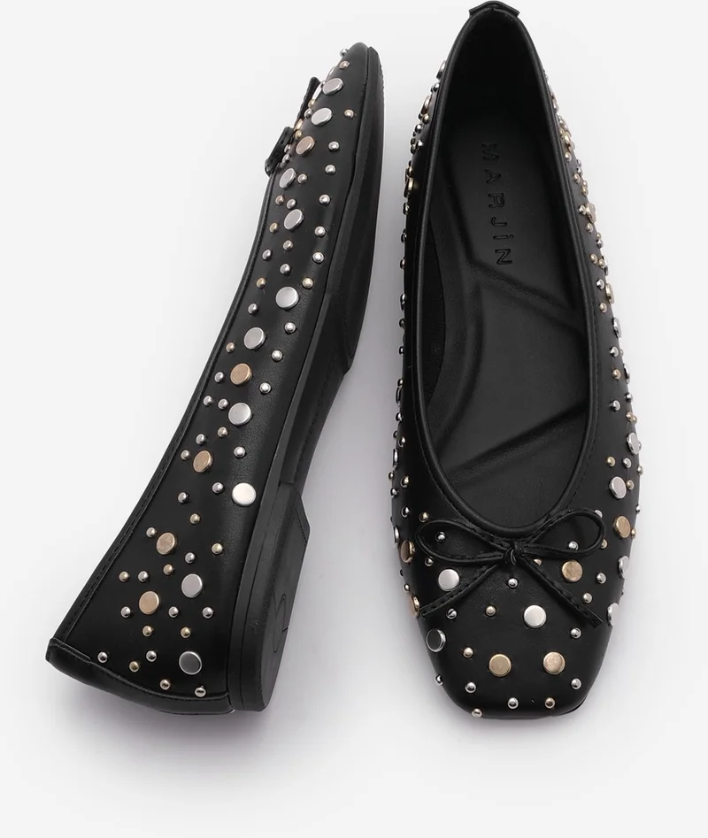 MARJIN Women's Blunt Toe Studded Bow Detail Daily Ballerinas Vandera