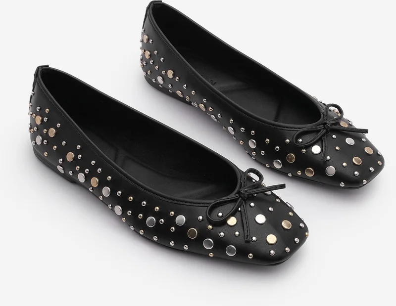 MARJIN Women's Blunt Toe Studded Bow Detail Daily Ballerinas Vandera