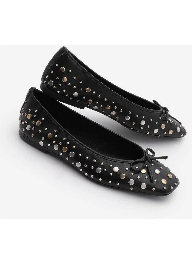 MARJIN Women's Blunt Toe Studded Bow Detail Daily Ballerinas Vandera