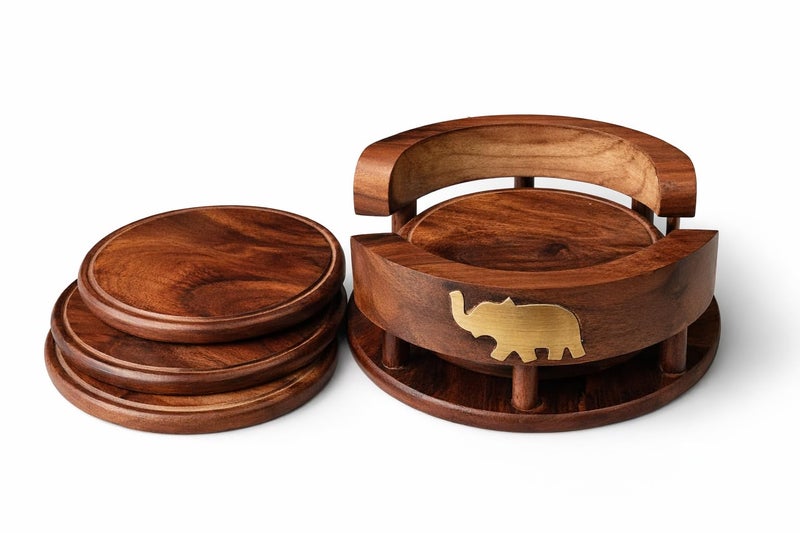 PEBBLECRAFTS Wooden Handmade Tea Coasters Set of 6, Coasters for Cups Set of 6, Tea Cup Holder Table, with Elephant Brass Work, Coffee Wooden Coaster Set Cup Wooden Stand Coaster - Image 1