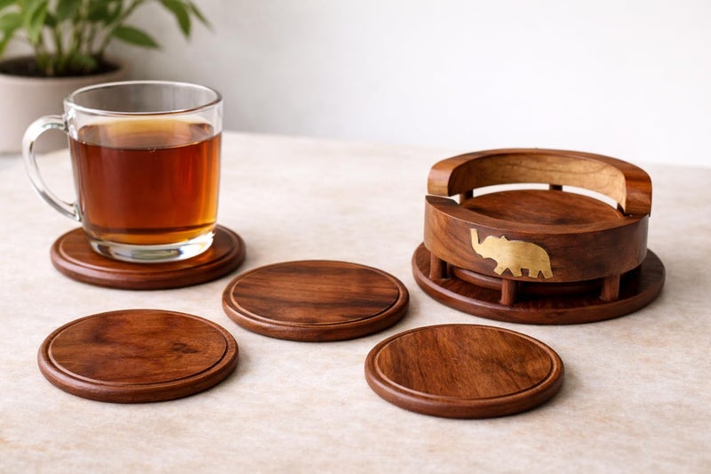 PEBBLECRAFTS Wooden Handmade Tea Coasters Set of 6, Coasters for Cups Set of 6, Tea Cup Holder Table, with Elephant Brass Work, Coffee Wooden Coaster Set Cup Wooden Stand Coaster - Image 2