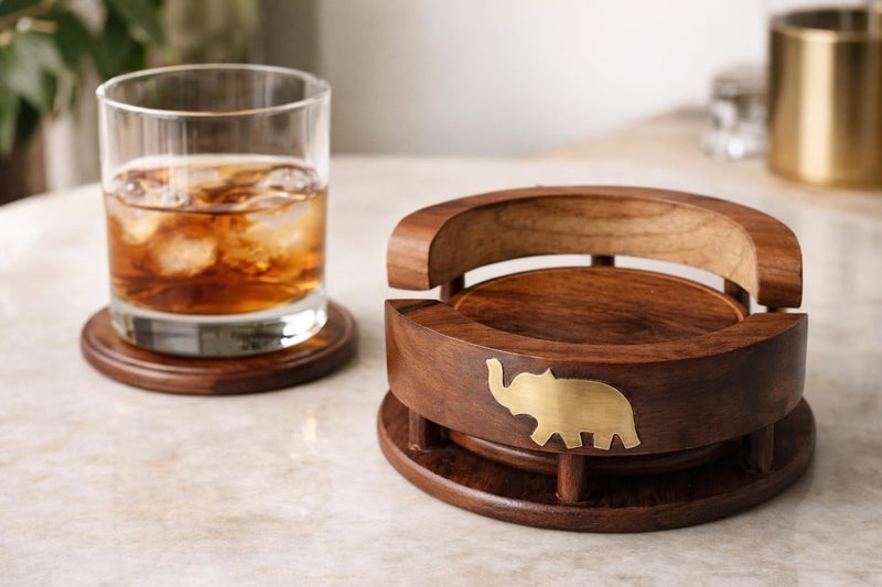 PEBBLECRAFTS Wooden Handmade Tea Coasters Set of 6, Coasters for Cups Set of 6, Tea Cup Holder Table, with Elephant Brass Work, Coffee Wooden Coaster Set Cup Wooden Stand Coaster - Image 3