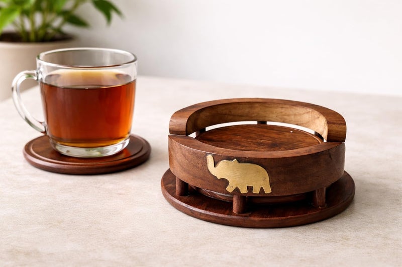 PEBBLECRAFTS Wooden Handmade Tea Coasters Set of 6, Coasters for Cups Set of 6, Tea Cup Holder Table, with Elephant Brass Work, Coffee Wooden Coaster Set Cup Wooden Stand Coaster - Image 4