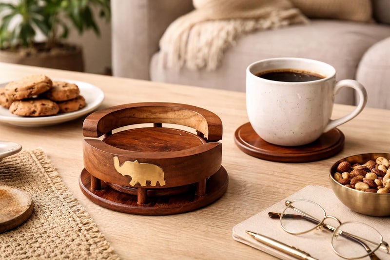 PEBBLECRAFTS Wooden Handmade Tea Coasters Set of 6, Coasters for Cups Set of 6, Tea Cup Holder Table, with Elephant Brass Work, Coffee Wooden Coaster Set Cup Wooden Stand Coaster - Image 5
