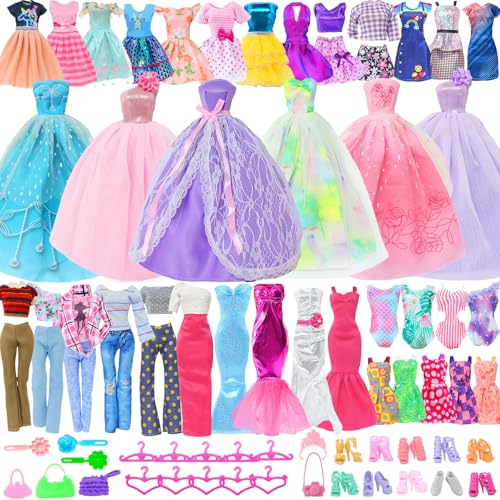 BLIJOLA 62Pcs Doll Clothes Accessories 3 Princess Wedding Gowns 2 Evening and 5 Fashion Casual Dresses 2 Tops Pants Outfits 5 Slip Dresses 2 Swimsuits 10 Shoes 10 Hangers for 115 Inch Girl Doll - Image 1