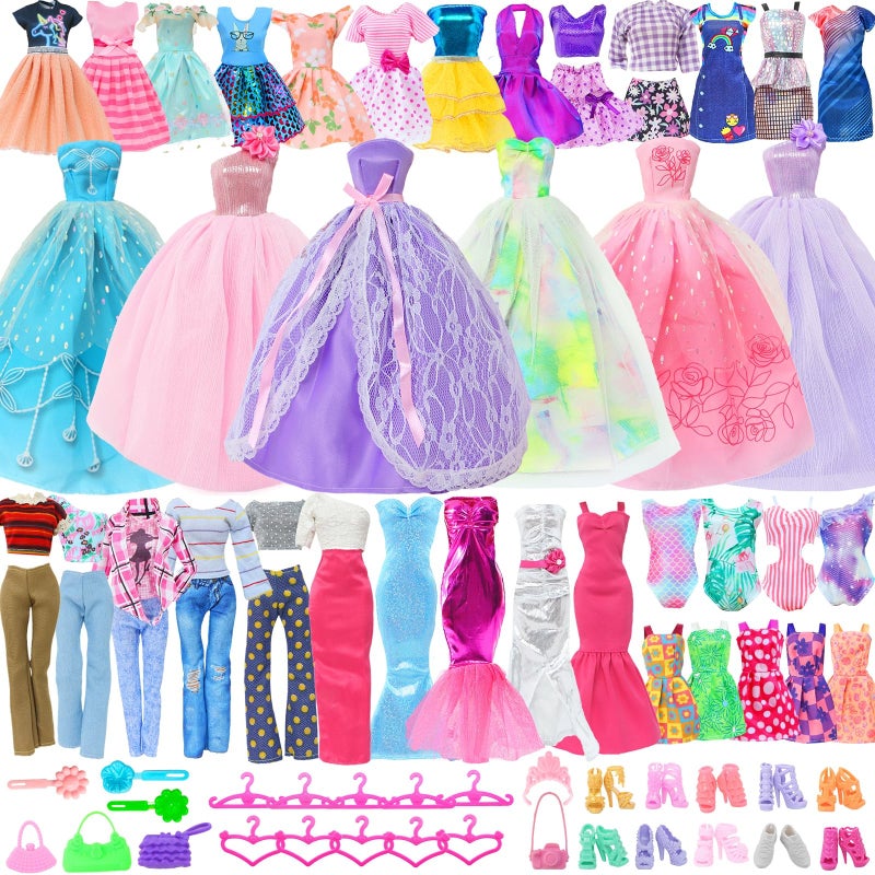 BLIJOLA 62Pcs Doll Clothes Accessories 3 Princess Wedding Gowns 2 Evening and 5 Fashion Casual Dresses 2 Tops Pants Outfits 5 Slip Dresses 2 Swimsuits 10 Shoes 10 Hangers for 115 Inch Girl Doll - Image 3