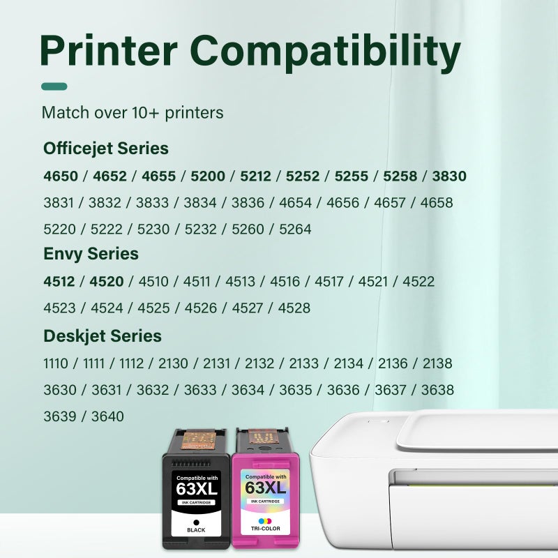 Cool Toner 63 63XL Ink Cartridges Black and Color Combo Pack Replacement for HP63XLBlack 63 XL for HP Envy 4520 Officejet 3830 4650 5255 5258 5200 4655 Deskjet 1112 3630 2132 3632 2130 Printer 2-Pack - Image 2