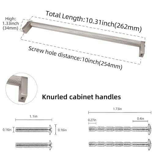 POVEFONK 6 Pack 10 Inch Brushed Satin Nickel Kitchen Cabinet Handles Knurled Cabinet Pulls Silver Drawer Pulls Kitchen Cabinet Hardware Handles Drawer Pulls Dresser Handles - Image 3