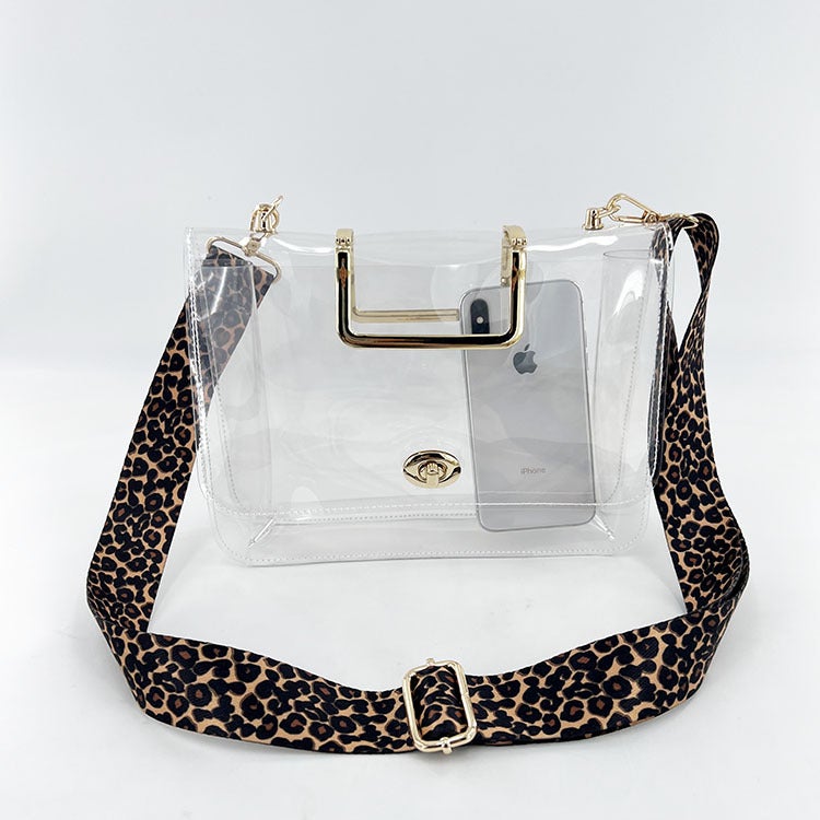 2023 Spring And Jelly Transparent Bag Leopard Print Wide Shoulder Strap Metal Wrist Small Square Bag Gymnasium Women'S Bag - Image 4