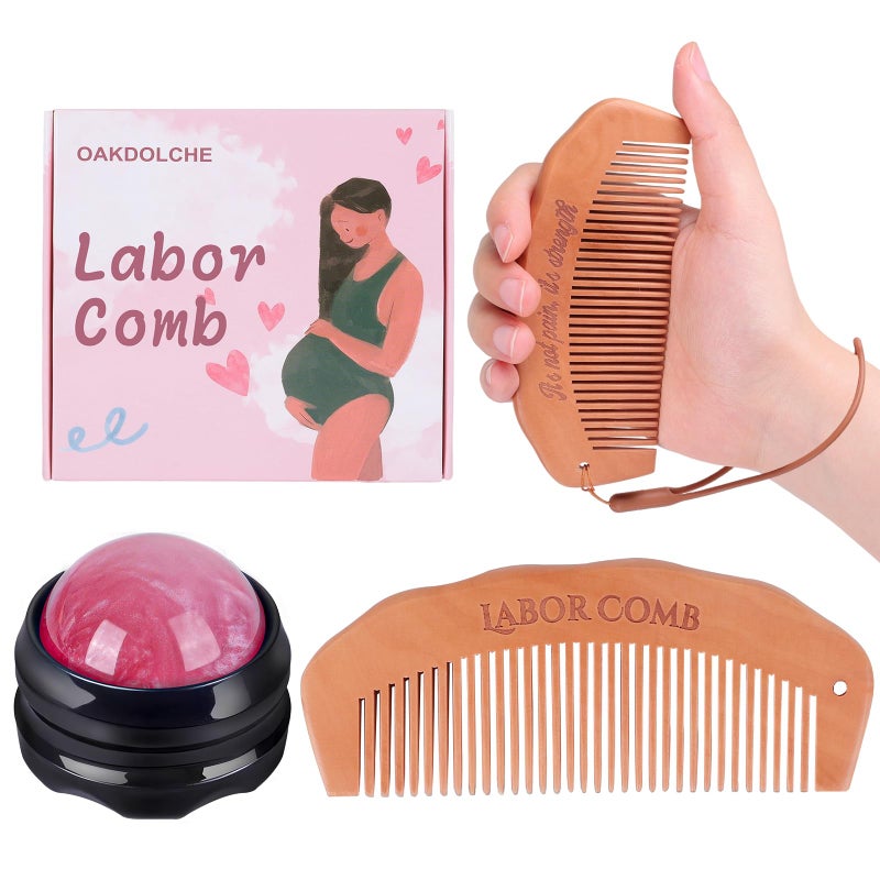 OAKDOLCHE Birth Comb & Massage Roller Ball Kit for Women Labor and Delivery Essentials, Wooden Labor Comb Pregnancy Must Haves, Designed for Expectant Moms - Image 1