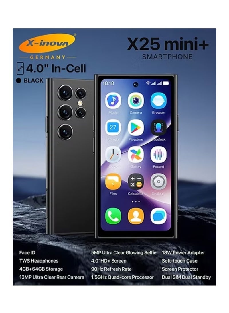 X-Inova X25 Mini+ 4-Inch Compact Android Smart Phone | 4GB RAM 64GB Storage | 13MP Ultra Clear Rear Camera | Dual SIM 4G LTE | Face Unlock | Lightweight Pocket Mobile Phone – Black  - Image 1