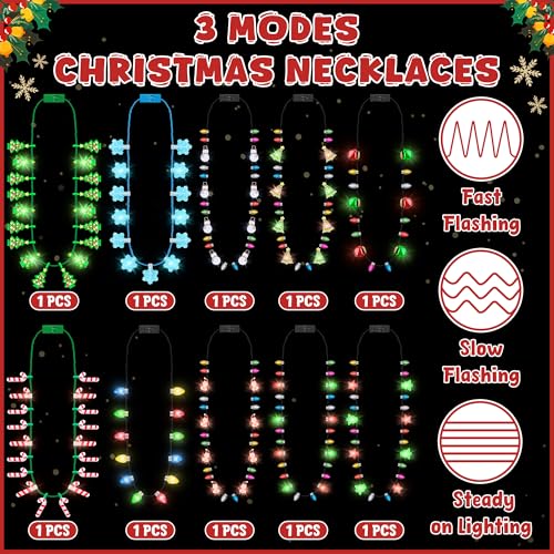 Traplace 10 PCS Christmas Light Necklace Accessories 3 Flash Modes Christmas Party Favors 10 Kinds of Wearable Xmas Lights Necklace Colorful Xmas Decorations for Ugly Sweater Party Supplies Holiday Decor - Image 5