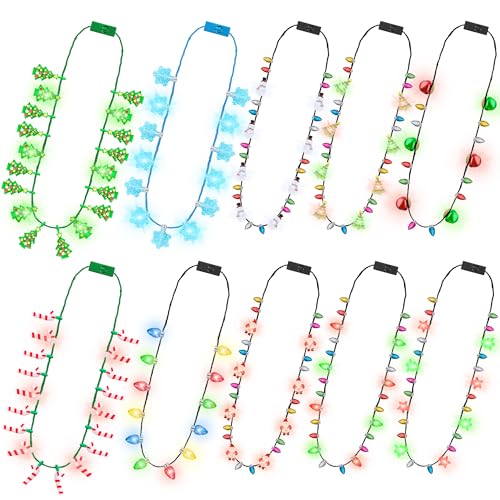 Traplace 10 PCS Christmas Light Necklace Accessories 3 Flash Modes Christmas Party Favors 10 Kinds of Wearable Xmas Lights Necklace Colorful Xmas Decorations for Ugly Sweater Party Supplies Holiday Decor - Image 1