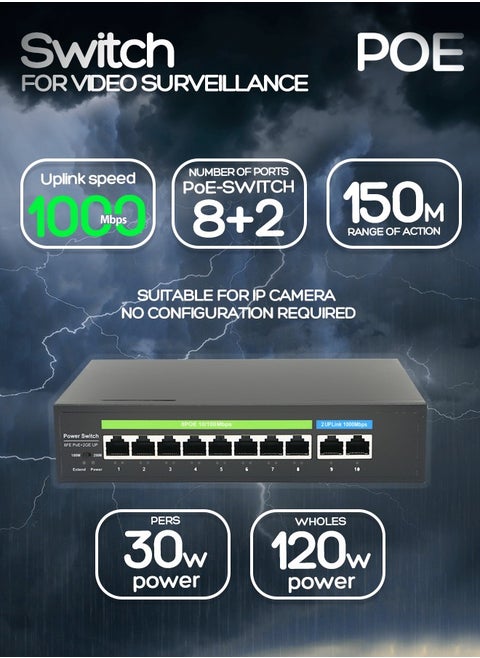 Surveillance switch 8 + 2 PoE Switch, 8 POE ports 100 Mbps, 2 up Link ports 1000 Mbps, 120W, AI function Extend up to 150m, 4kv lightning protection, power over Ethernet,52V 2.3 A