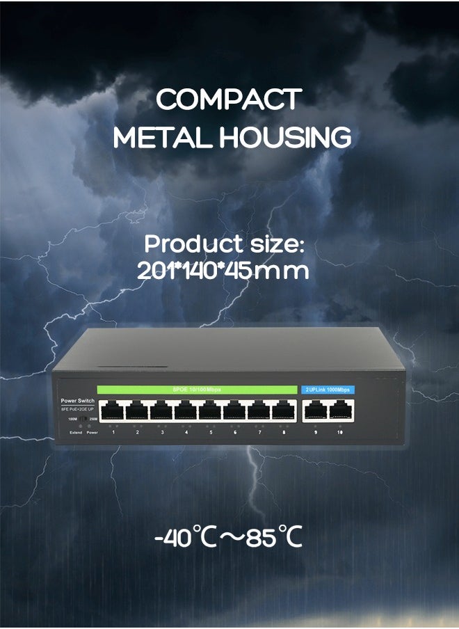 EXPGlobal Surveillance switch 8 + 2 PoE Switch, 8 POE ports 100 Mbps, 2 up Link ports 1000 Mbps, 120W, AI function Extend up to 150m, 4kv lightning protection, power over Ethernet,52V 2.3 A  - Image 3