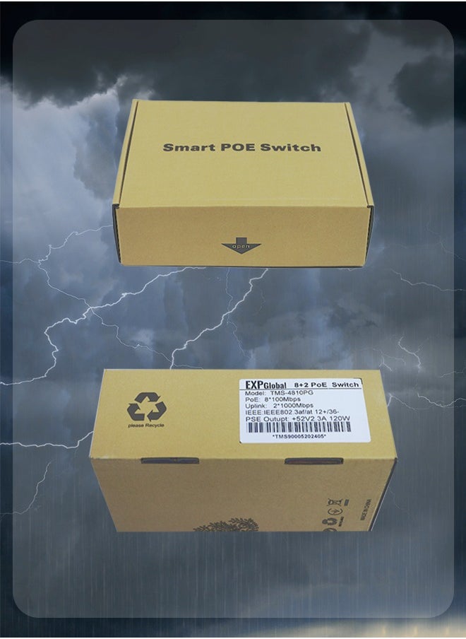 EXPGlobal - Surveillance switch 8 + 2 PoE Switch, 8 POE ports 100 Mbps, 2 up Link ports 1000 Mbps, 120W, AI function Extend up to 150m, 4kv lightning protection, power over Ethernet,52V 2.3 A - Image 1