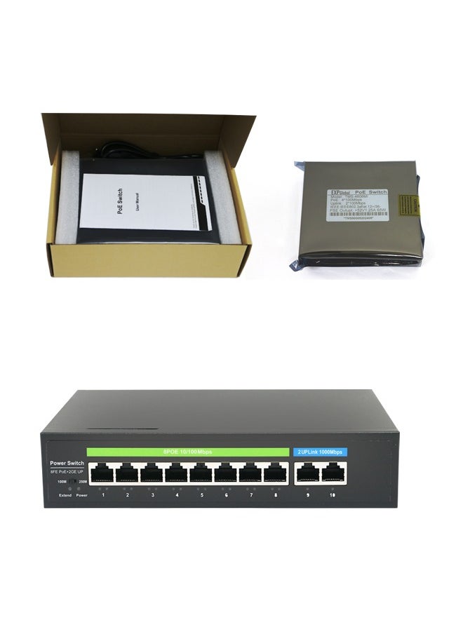 EXPGlobal - Surveillance switch 8 + 2 PoE Switch, 8 POE ports 100 Mbps, 2 up Link ports 1000 Mbps, 120W, AI function Extend up to 150m, 4kv lightning protection, power over Ethernet,52V 2.3 A - Image 1