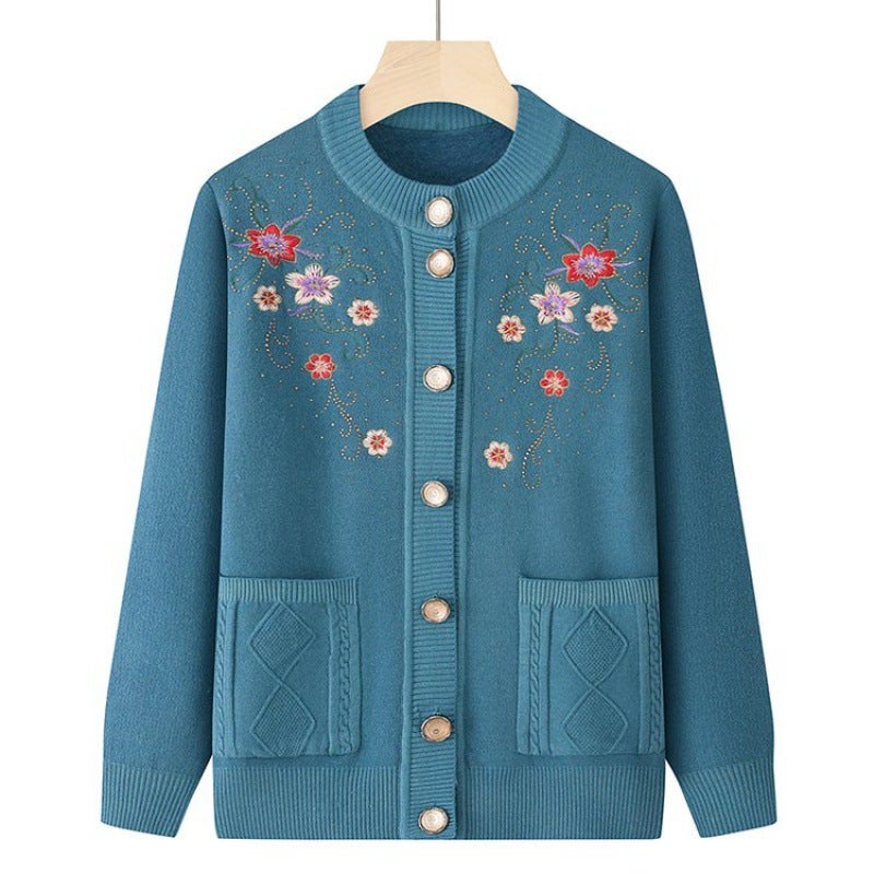 Grandma Autumn Sweater Cardigan Middle-aged and Elderly Womens fleece-lined Thickened Knitted Sweater Mothers Autumn and Winter New Coat Clothes Blue 